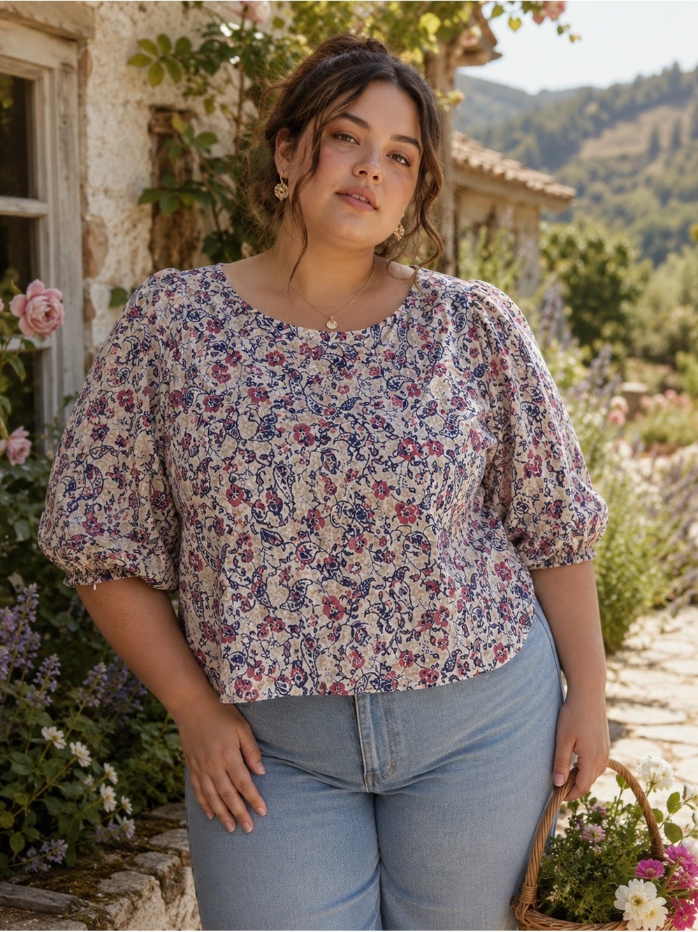 Cottagecore Paisley Puff Sleeve Cotton Feel Plus Size Blouse